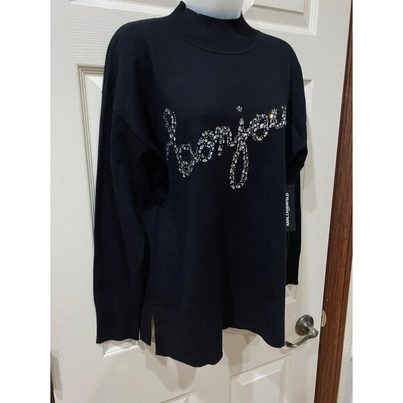 NWT Karl Lagerfeld Black Sequin "Bonjour" Sweater For Women Size M - Picture 5 of 10